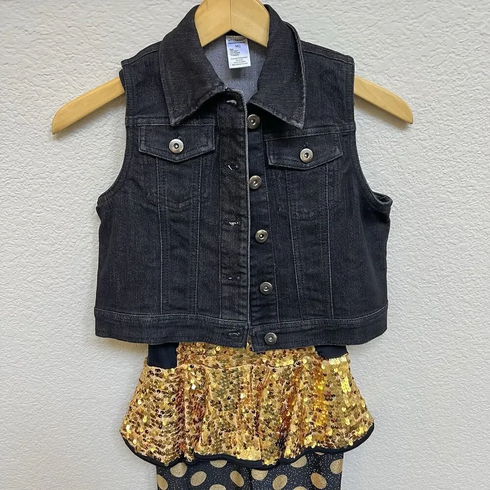 Weissman Size Child Medium Gold Digger Dance Costume Black Gold Sequin Jean Vest